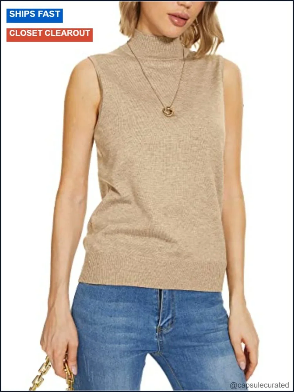 Sleeveless Mock Neck Turtleneck Knit Top Sweater Vest Business Work Tank